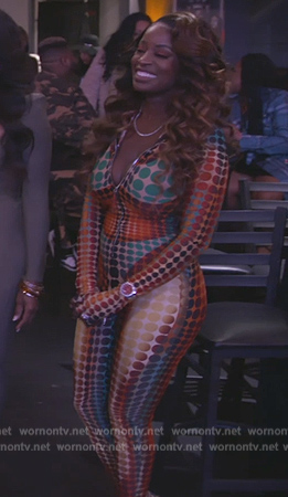 Shamea's mesh dot print jumpsuit on The Real Housewives of Atlanta