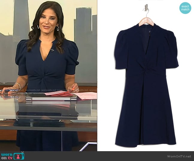 Vince Camuto Short Sleeve Twist Front Fit & Flare Dress in Navy worn by Darlene Rodriguez on Today