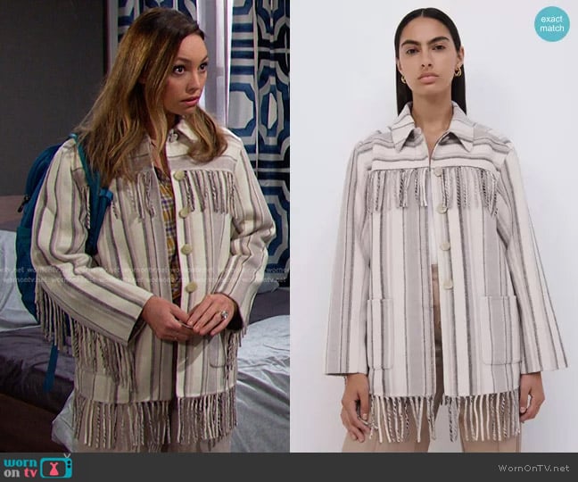 Simkhai Pierre Wool Fringe Shirt Jacket in Nougat Stripe worn by Gwen Rizczech (Emily O'Brien) on Days of our Lives