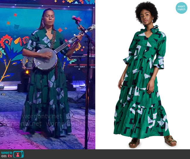 Studio 189 Green Geo Cotton Ruffle Tiered Long Dress worn by Rhiannon Giddens on CBS Mornings