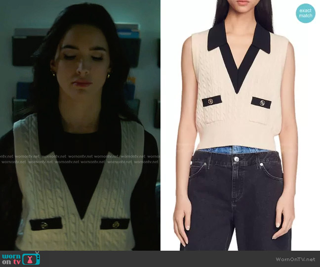 Sandro Suzy Sleeveless Cable Knit Sweater worn by Bess (Maddison Jaizani) on Nancy Drew