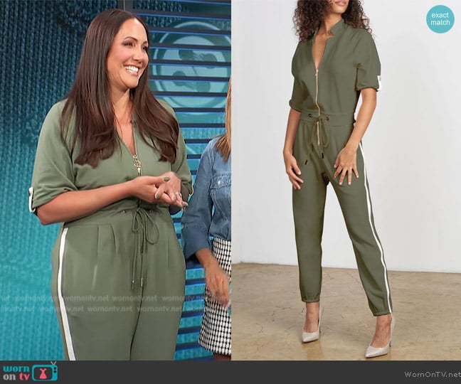 LA Peony The Caroline Jumpsuit In Olivine worn by Jene Luciani Sena on Access Hollywood