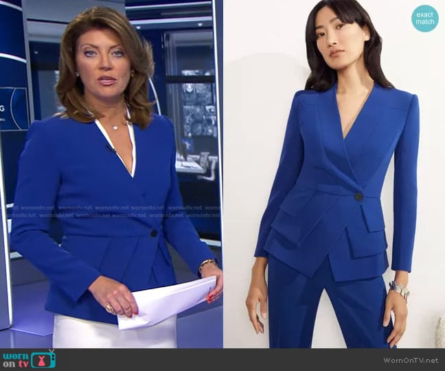 The Fold Clever Crepe Claremont Jacket in Cobalt Blue worn by Norah O'Donnell on CBS Evening News