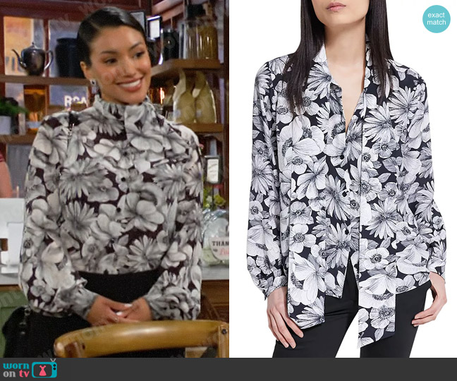 The Kooples Romantic Garden Tie Neck Silk Blouse worn by Audra Charles (Zuleyka Silver) on The Young and the Restless