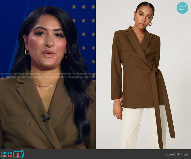 Thebe Magugu Wrap Jacket in Olive worn by Reena Roy on Good Morning America