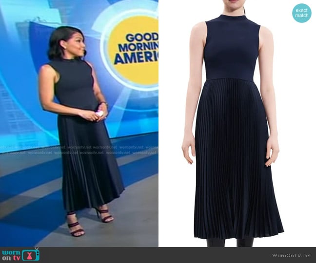 Theory Mixed Media Pleated Midi Dress worn by Stephanie Ramos on Good Morning America