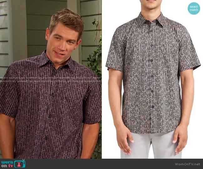 Theory Noll Scribble Short Sleeve Shirt in Tapir worn by Tripp Johnson (Lucas Adams) on Days of our Lives