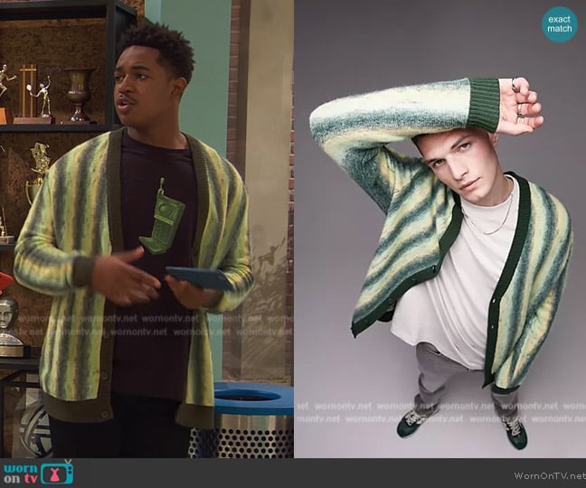 Topman brushed cardigan with ombre stripe in green worn by Booker Baxter (Issac Ryan Brown) on Ravens Home