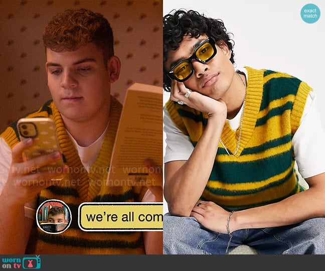 Topman Fluffy knitted stripe tank in green and mustard worn by Isaac Henderson (Tobie Donovan) on Heartstopper