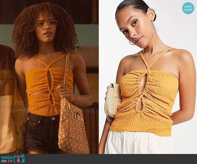 Topshop Textured halter strappy cami in orange worn by Elle Argent (Yasmin Finney) on Heartstopper