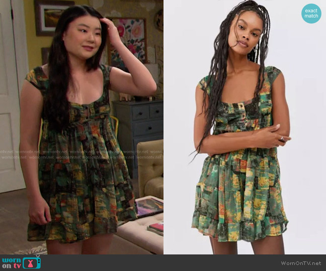 Urban Outfitters Justine Printed Lace-up Mini Dress in Neutral Multi worn by Wendy Shin (Victoria Grace) on Days of our Lives