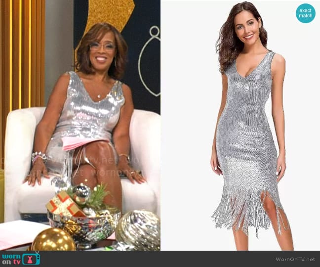 VVMCURVE at Amazon V Neck Sequin Glitter Dress worn by Gayle King on CBS Mornings