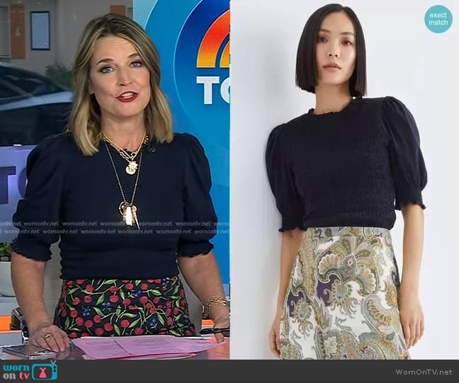 Veronica Beard Langston Smocked Top worn by Savannah Guthrie on Today