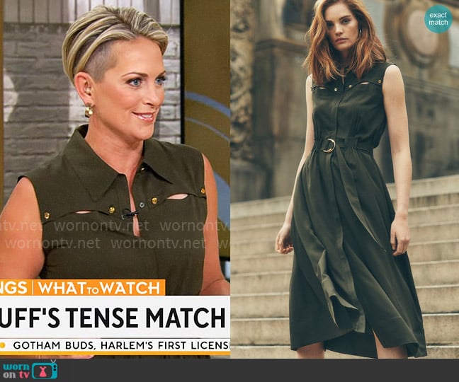 White House Black Market Sleeveless Cutout Pleated Midi Dress worn by Jamie Yuccas on CBS Mornings