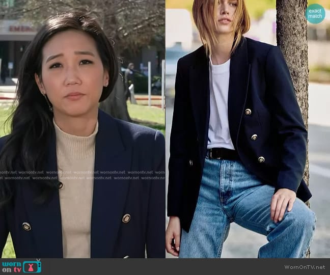 Zara Double Breasted Pique Blazer Navy Blue worn by Kathy Park on NBC News Daily