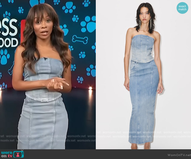 Zara ZW Denim Bustier worn by Zuri Hall on Access Hollywood