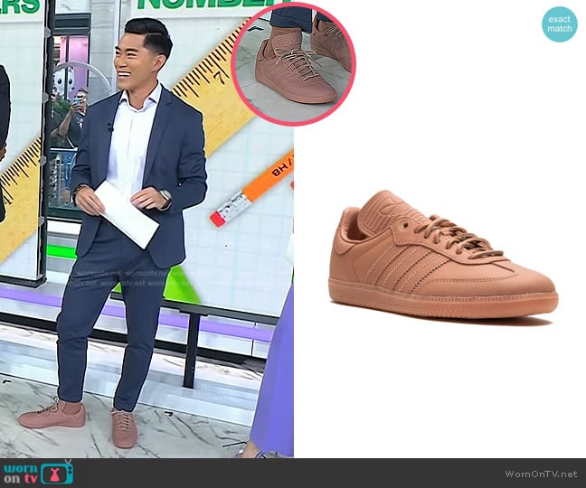 Adidas x Pharrell Humanrace Samba Sneakers in Terracotta worn by Brian Cheung on Today