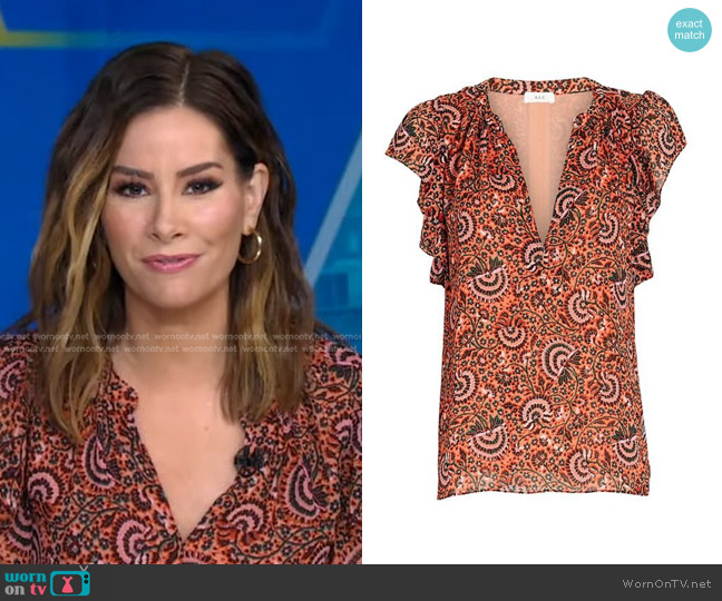 A.L.C. June Ruffled Floral Chiffon Top in Multi worn by Rebecca Jarvis on Good Morning America