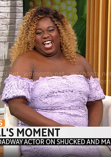 Alex Newell’s purple lace off-shoulder dress on CBS Mornings