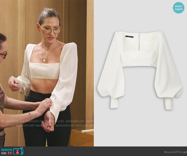 Alex Perry Arlo Cropped Satin Crepe Top worn by Jenna Lyons on The Real Housewives of New York City