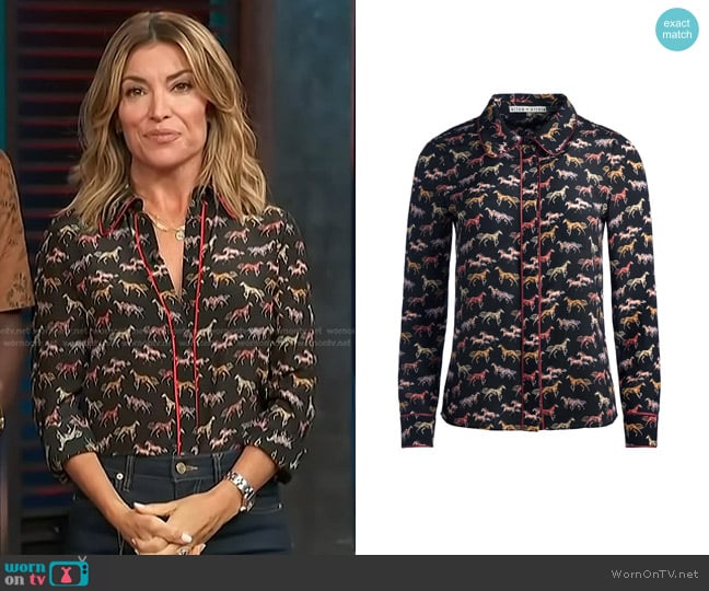 Alice + Olivia Willa Horse Print Piped Silk Shirt worn by Kit Hoover on Access Hollywood