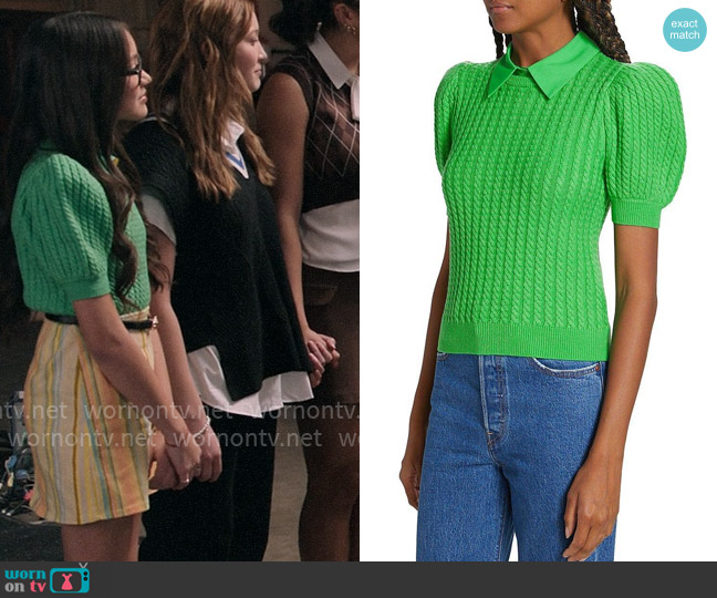 Alice + Olivia Chase Cable Knit Sweater worn by Emmy (Liamani Segura) on High School Musical The Musical The Series