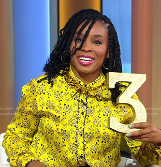 Amber Ruffin's yellow floral button down shirt on Good Morning America