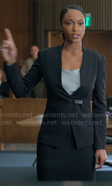 Andrea's black leather buckle jacket on The Lincoln Lawyer