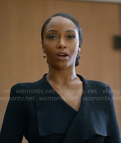 Andrea's navy shawl collar dress on The Lincoln Lawyer