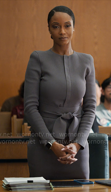 Andrea's taupe tie waist suit on The Lincoln Lawyer