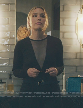Andy's black sheer plunging bodysuit on Billions