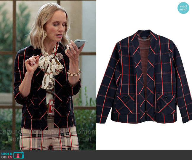 Ann Taylor Plaid Open Cardigan worn by Miss Jenn (Kate Reinders) on High School Musical The Musical The Series