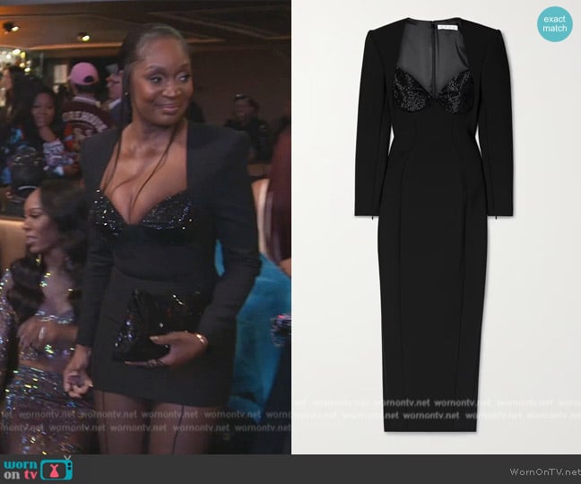 Area Crystal-embellished stretch-twill midi dress worn by Marlo Hampton on The Real Housewives of Atlanta