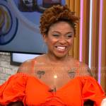 Ashley Rouse’s orange off-shoulder puff-sleeve dress on CBS Mornings