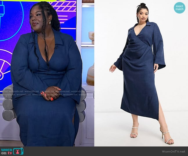 Asos Flute Sleeve Collared Wrap Midi Dress with gathers in dark blue worn by Mariah Smith on Today