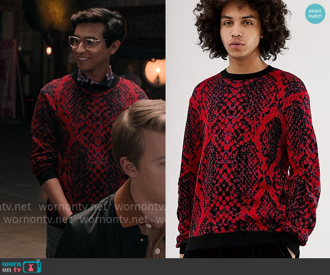 ASOS Design Sweater with neon snake pattern worn by Carlos Rodriguez (Frankie A. Rodriguez) on High School Musical The Musical The Series