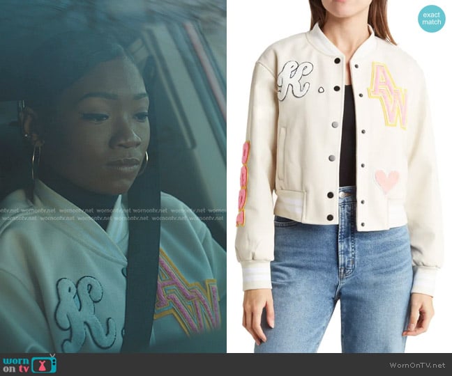 Azalea Wang Embroidered Patch Bomber Jacket worn by Kenya (Kennedy Amaya) on The Chi