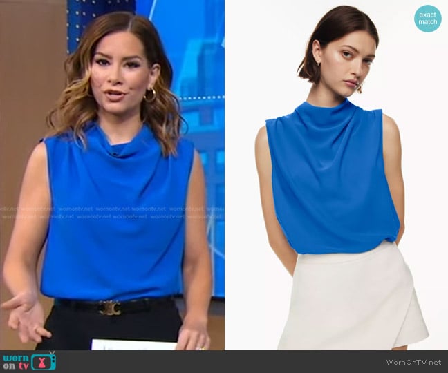 Babaton Carter Blouse in Bright Sapphire Bl worn by Rebecca Jarvis on Good Morning America