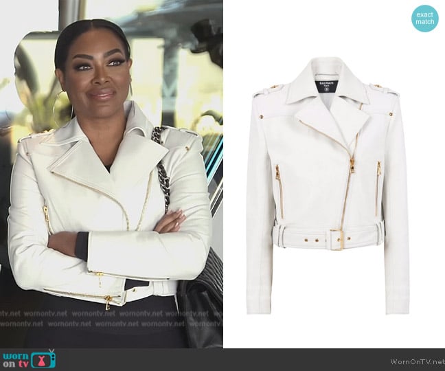 Balmain Cropped leather biker jacket worn by Kenya Moore on The Real Housewives of Atlanta