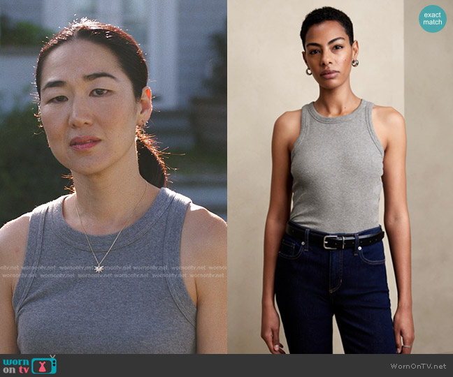 Banana Republic Ribbed Cropped Racer Tank in Heather Gray worn by Laurel (Jackie Chung) on The Summer I Turned Pretty