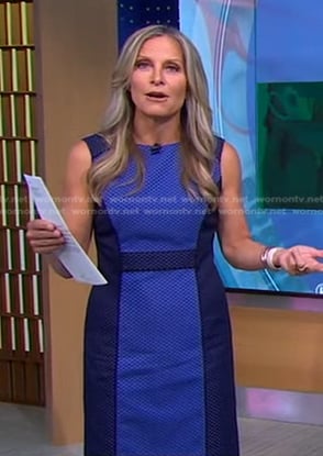 Becky Worley’s blue colorblock sheath dress on Good Morning America