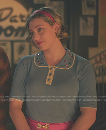 Betty's blue contrast trim polo top on Riverdale
