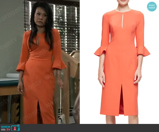 Black Halo 3/4-Sleeve Stretch Crepe Sheath Dress in Canyon Coral worn by Selina Wu (Lydia Look) on General Hospital