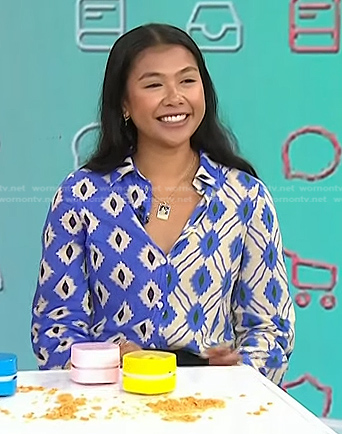Katrina's blue and white print shirt and necklace on Today