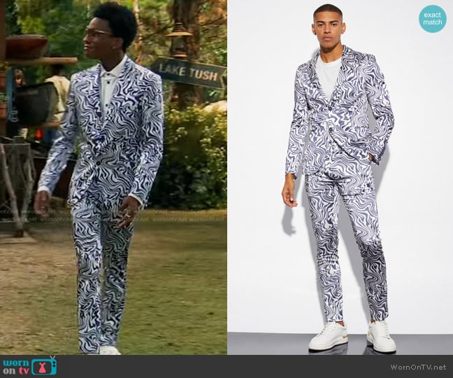 Boohoo Marble Print Blazer and Trousers worn by Noah Lambert (Israel Johnson) on Bunkd