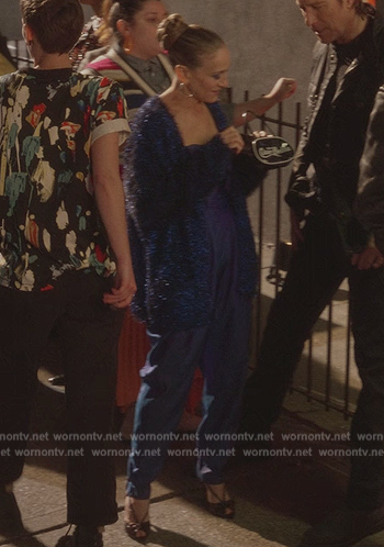 Carrie's blue tinsel cardigan on And Just Like That