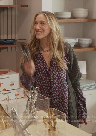 Carrie's gray cable knit cardigan on And Just Like That