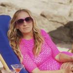 Carrie’s pink crochet knit dress on And Just Like That