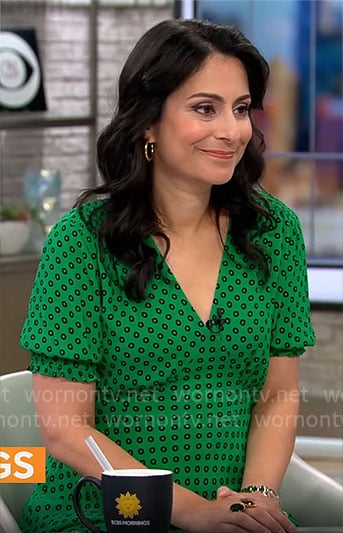 Dr. Celine Gounder’s green spot print dress on CBS Mornings