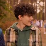 Charlie’s green and beige plaid shirt jacket and Vans hoodie on Heartstopper